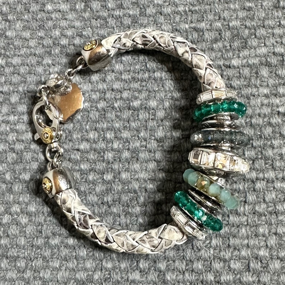 Discont/Retired Henri Bendel Leather Beaded Charm
Bracelet With Green And Clear
